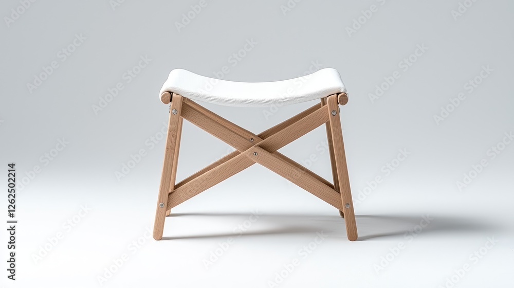 White cushioned wooden stool on white background; home decor White cushioned wooden stool on white background; home decor