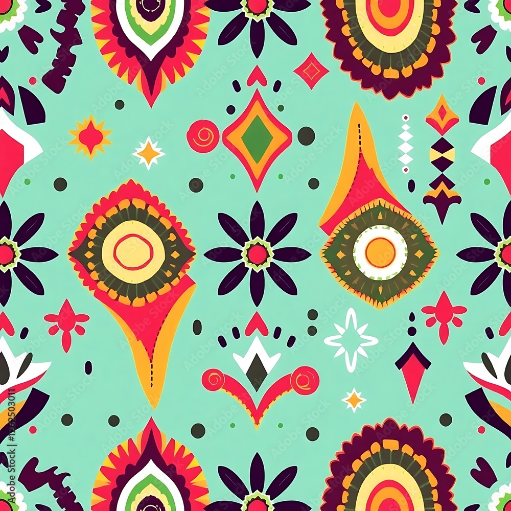 Fototapeta premium Vibrant Floral Textile Pattern: A seamless pattern bursting with bold colors and lively floral motifs, reminiscent of traditional folk art. Perfect for textile design, apparel.