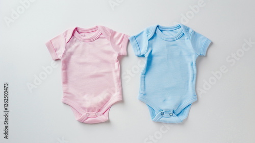 Gender preparation or a gender reveal celebration party. Parenthood, anticipation, and baby essent concept. Top view of two baby onesies, one pink and one blue, neatly laid out side by side.  photo