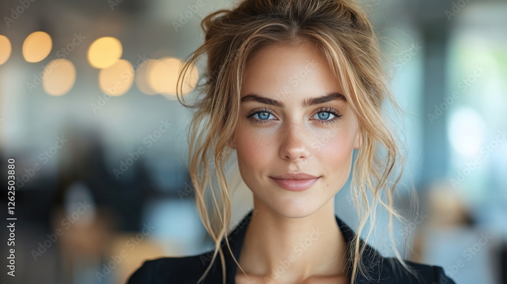 Confident Young Woman with Stunning Blue Eyes in Modern Cafe Setting Confident Young Woman with Stunning Blue Eyes in Modern Cafe Setting