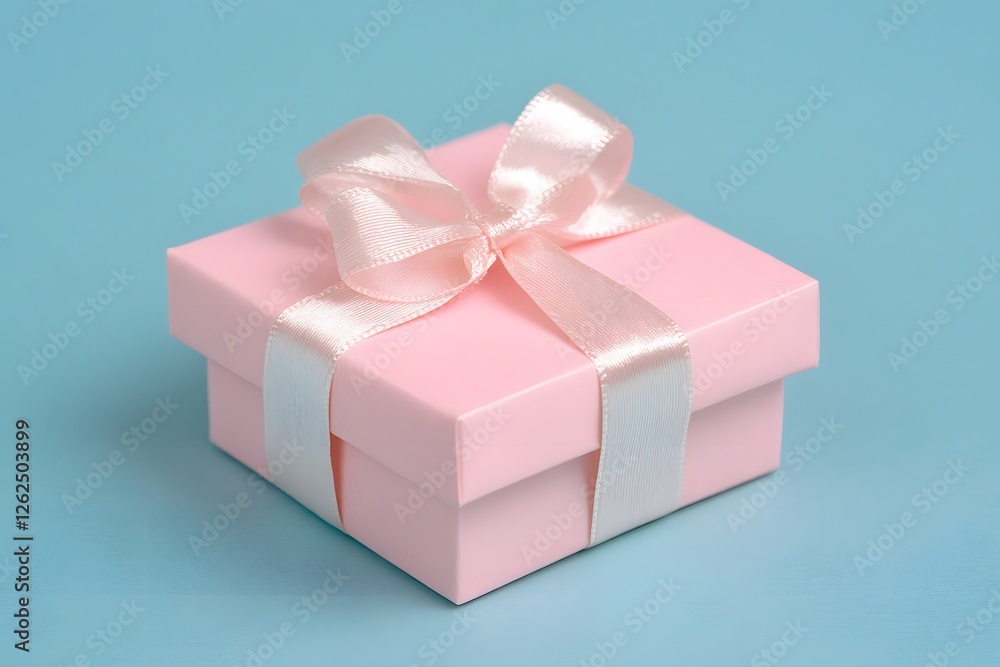 Obraz premium Elegant pink gift box with satin ribbon on soft blue background.