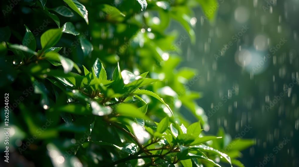 Obraz premium Leaves Under Rain Shower Fresh Green Nature Scene Close-up