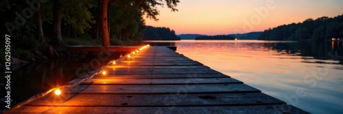 Twinkling string lights on wooden dock at sunset  peaceful  natural light