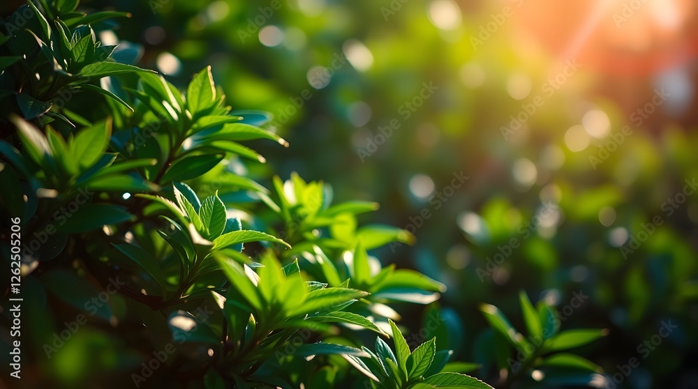 Obraz premium Green Leaves Illuminated by Sunlight with Bokeh Background for Summer