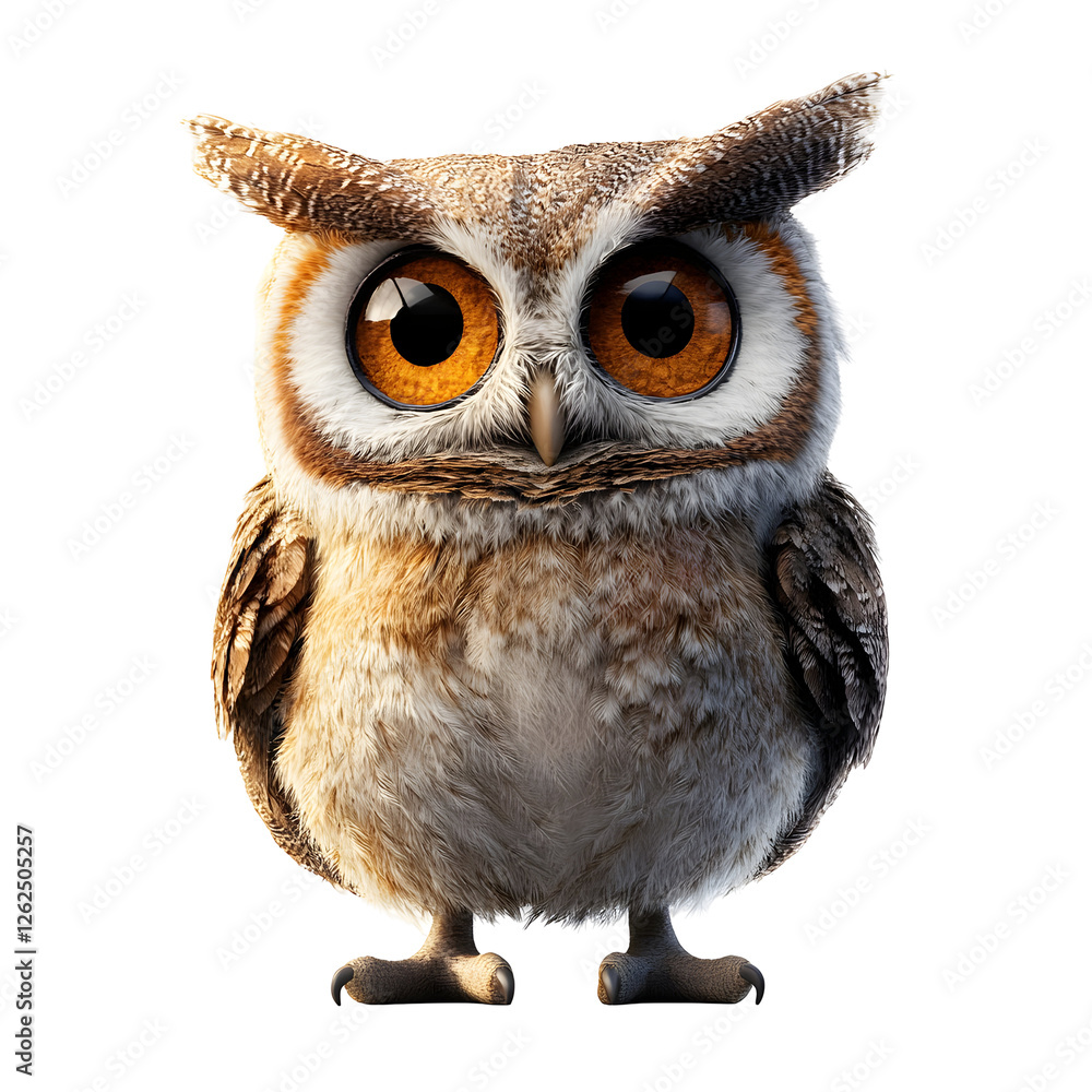 Naklejka premium Fluffy owl with brown feathers perched on a white surface.