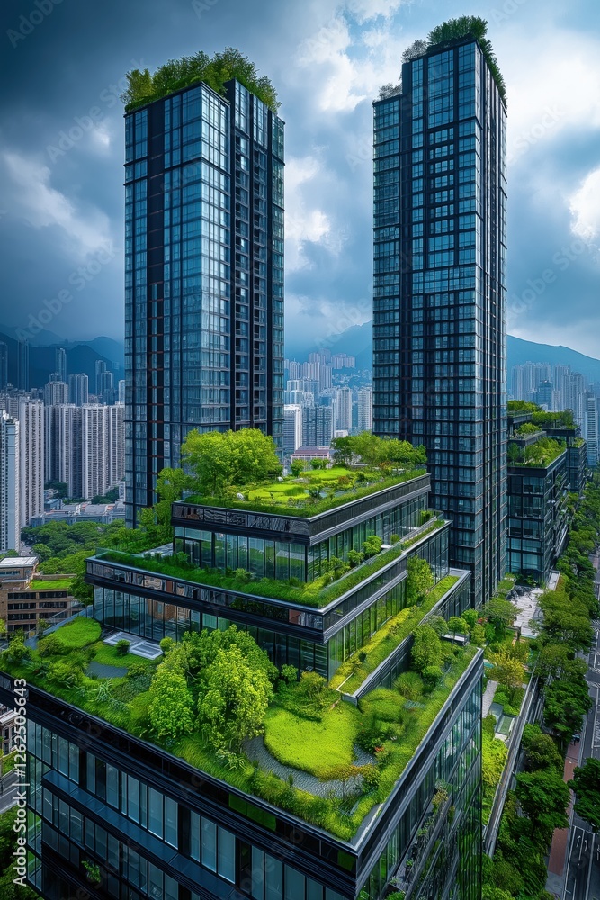 Fototapeta premium Futuristic skyscrapers surrounded by lush greenery rise against the sunset, creating an eco-friendly urban landscape. Perfect for architecture firms, environmental projects, and city development conce