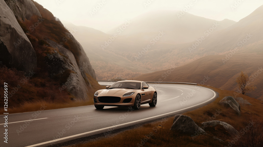 Fototapeta premium A yellow convertible sports car driving along a winding road between dramatic cliffs, showcasing its elegance and high performance. Perfect for automotive advertisements, road trip promotions, and lif