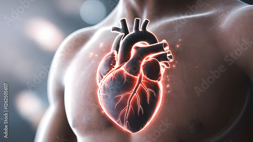 Close-up of a human heart with glowing veins and faint energy aura, symbolizing cardiovascular health, fitness, and vitality. Concept of heart care and exercise.
