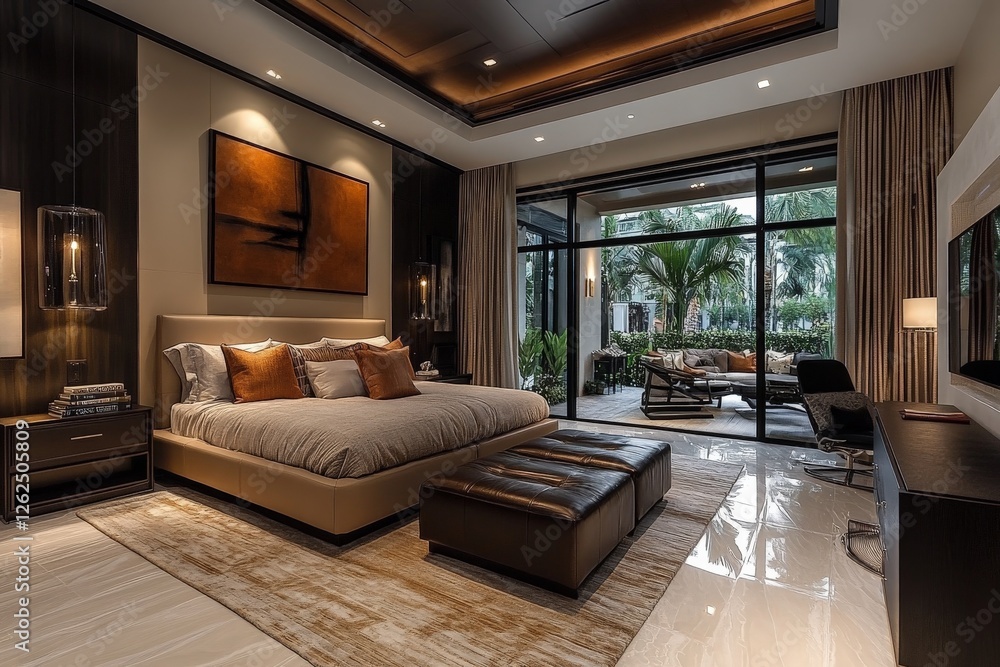 Fototapeta premium Luxury bedroom with modern design and large windows overlooking a tropical garden during daytime