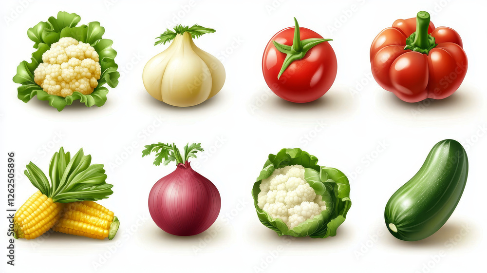 Vegetables icons set. Vector farm fresh organic vegetables tomato, cauliflower, radish, potato, zucchini, corn, kohlrabi, onion, pepper, leek. Vegetarian product stickers for grocery farm store Vegetables icons set. Vector farm fresh organic vegetables tomato, cauliflower, radish, potato, zucchini, corn, kohlrabi, onion, pepper, leek. Vegetarian product stickers for grocery farm store