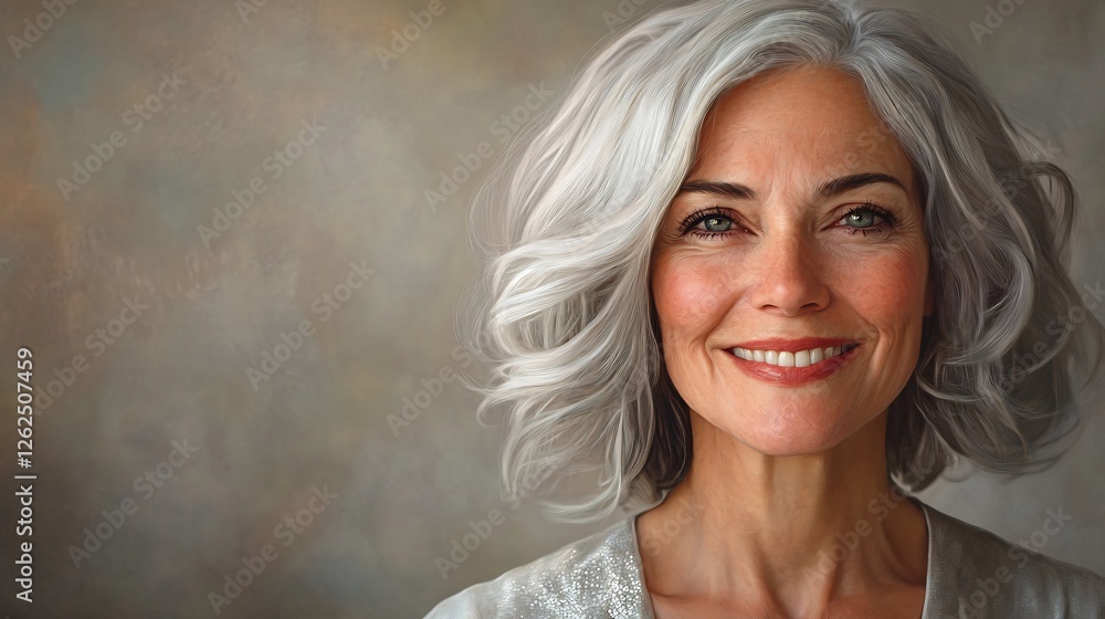 Smiling woman silver hair soft light portrait. AI Generated Smiling woman silver hair soft light portrait. AI Generated