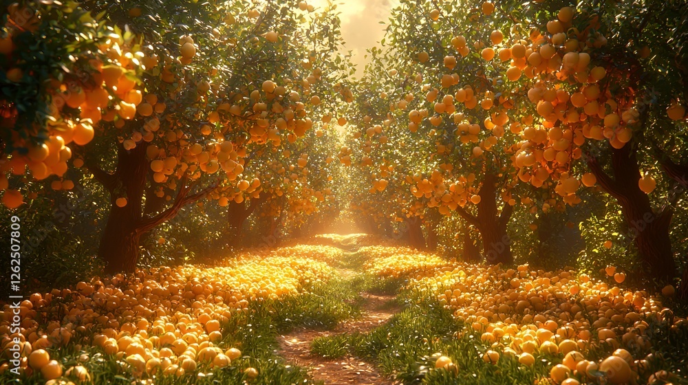 Fototapeta premium Sunlit Orange Orchard Path
