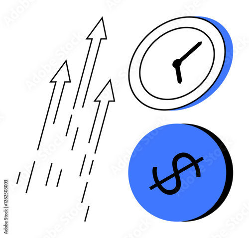 Black arrows pointing upwards with a black clock and blue circle with a dollar sign. Ideal for business, progress, finance, productivity, time management, economic growth, investment. Abstract line