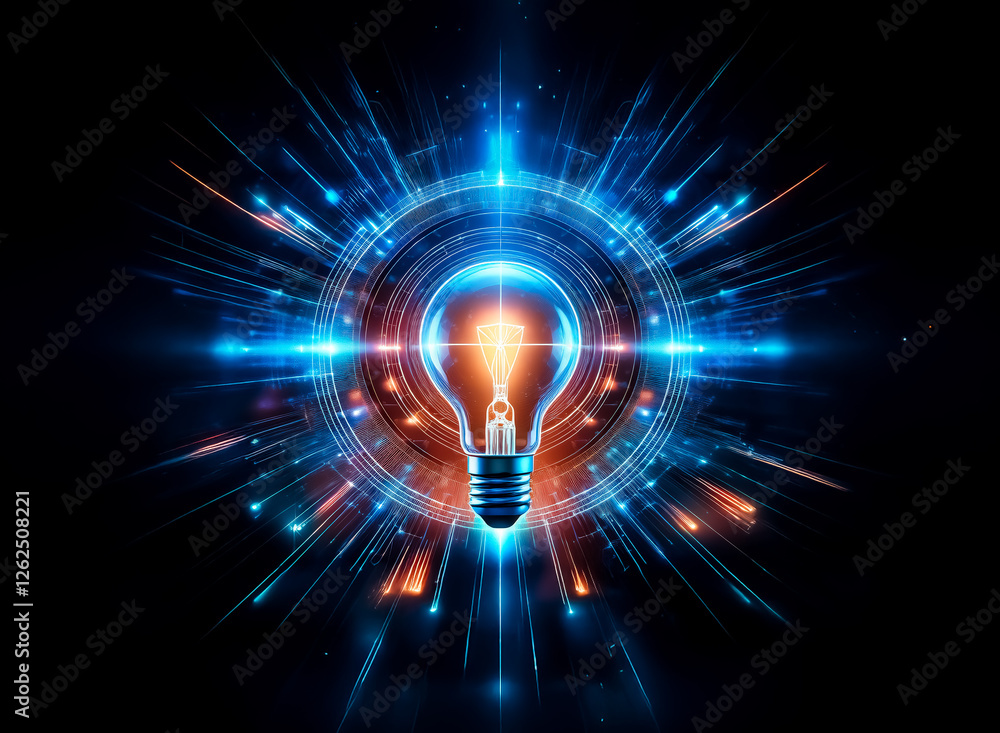 A luminous lightbulb radiates vibrant energy beams in blue and orange, encircled by a glowing ring, all set against a stark black backdrop. A luminous lightbulb radiates vibrant energy beams in blue and orange, encircled by a glowing ring, all set against a stark black backdrop.