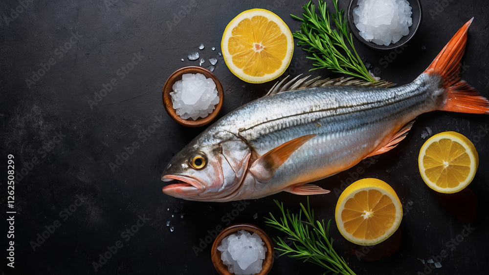 Fresh fish lies on a dark table with coarse sea salt, cut lemons and rosemary