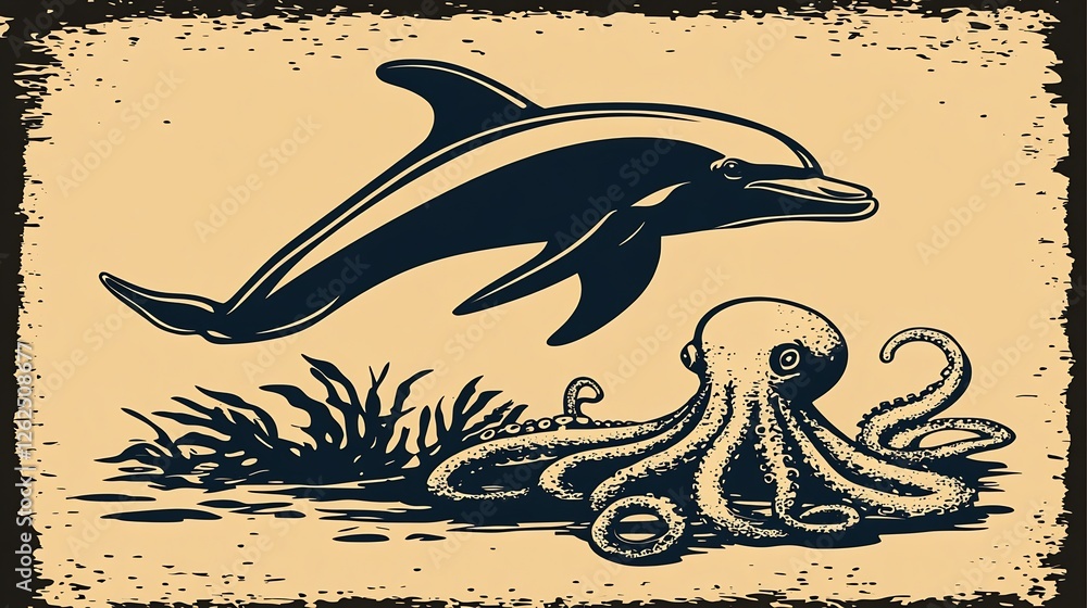 Fototapeta premium Elegant Dolphin Leaps Above Intricate Octopus Vintage Illustration. AI Generated