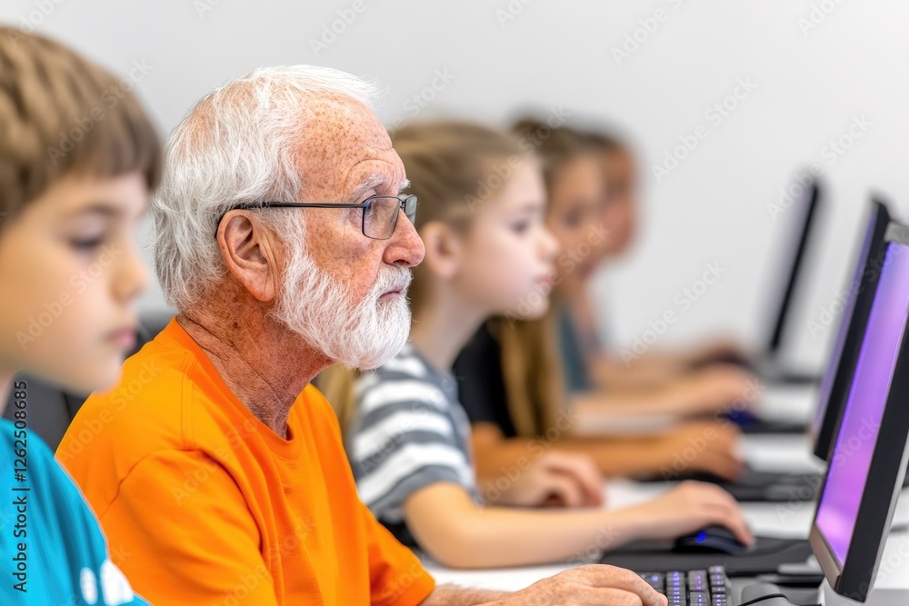 Grandfather Teaches Children In A Tech-Friendly Space Grandfather Teaches Children In A Tech-Friendly Space