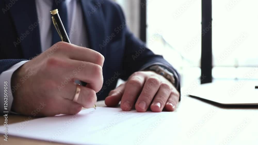 Signature document. contract, Business people meeting in the office and signing a contract, Man reads terms of health insurance slow contract, Zoom,