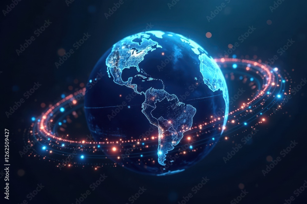 Fototapeta premium Blue globe encircled by glowing network lines, global connection , digitalization, earth, galaxy