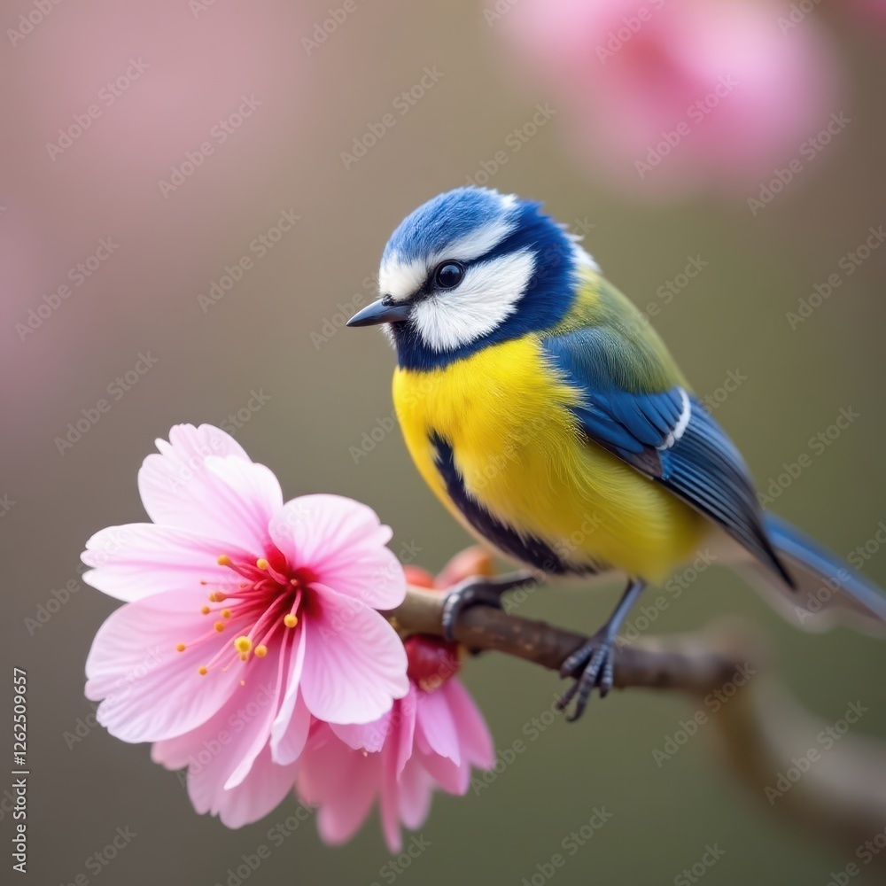 Obraz premium Blue tit perched on delicate pink cherry blossom branch, flower, nature photography