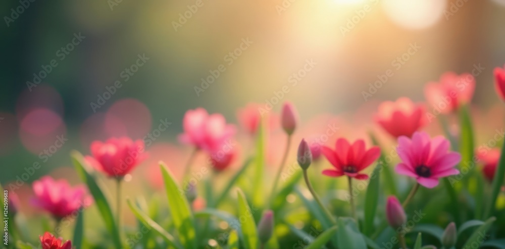 Obraz premium Blurred floral bokeh, vibrant hues, abstract spring scene , floral, out of focus, beautiful