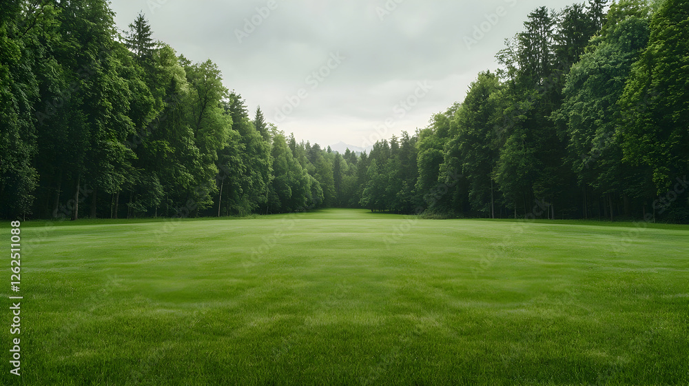 Lush green field, trees, overcast sky, peaceful landscape Lush green field, trees, overcast sky, peaceful landscape