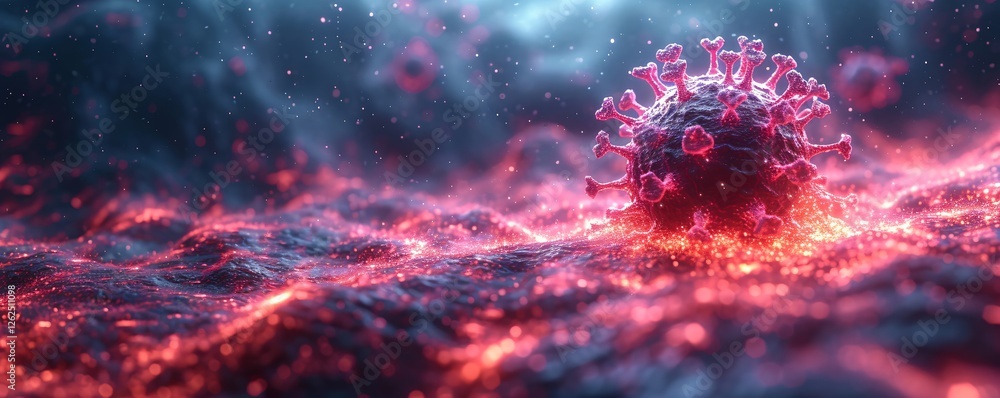 Coronavirus covid-19 cell microscopic view in red and blue colors. Medical science research, virus infection, pandemic disease concept. 3d visualization illustration Coronavirus covid-19 cell microscopic view in red and blue colors. Medical science research, virus infection, pandemic disease concept. 3d visualization illustration