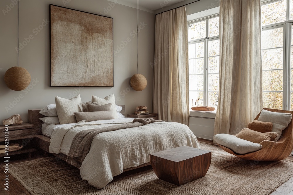 Fototapeta premium Cozy bedroom with minimalist decor featuring natural textures and soft lighting in a serene setting