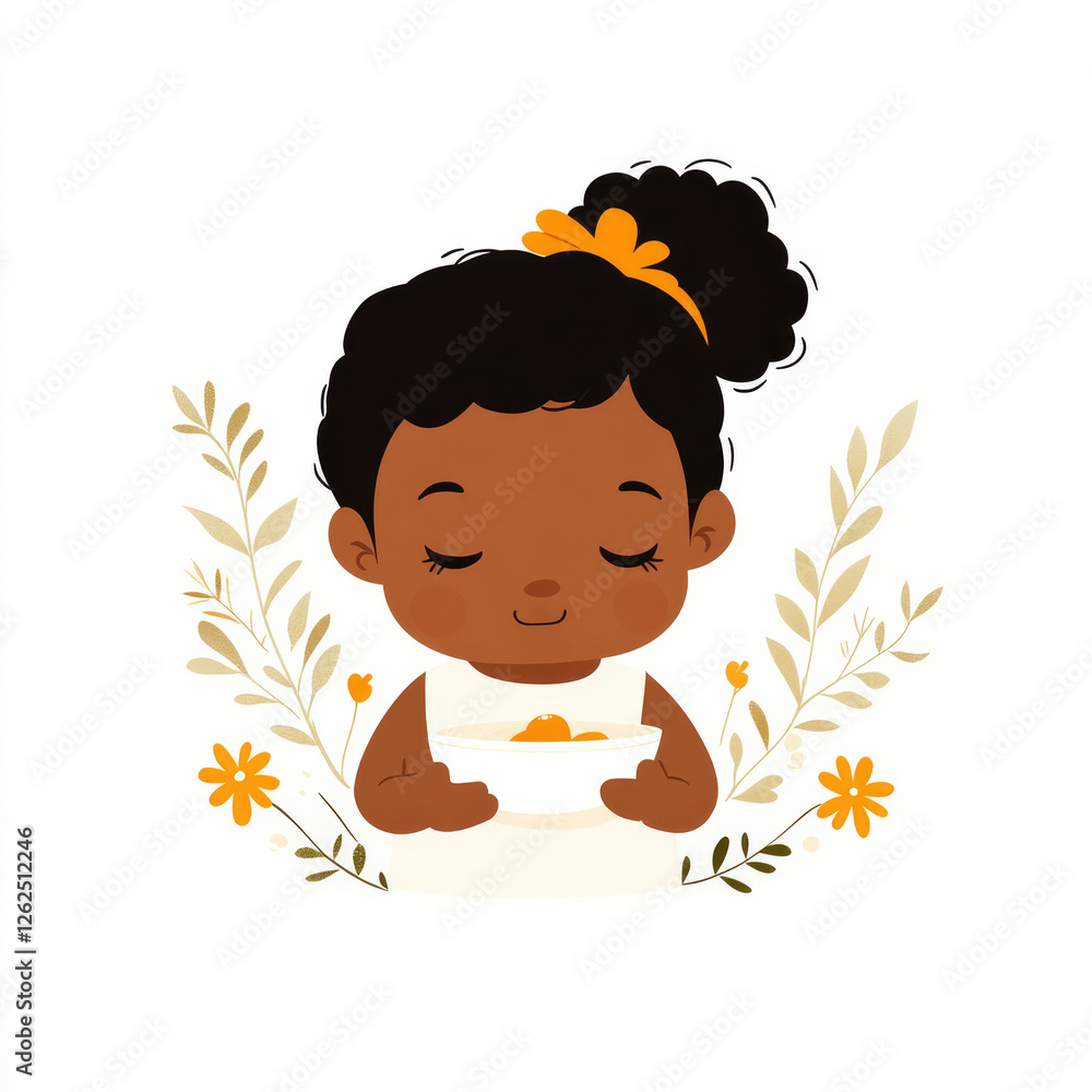 Cute child enjoying snack with floral accents - perfect for children's decor and design inspiration Cute child enjoying snack with floral accents - perfect for children's decor and design inspiration