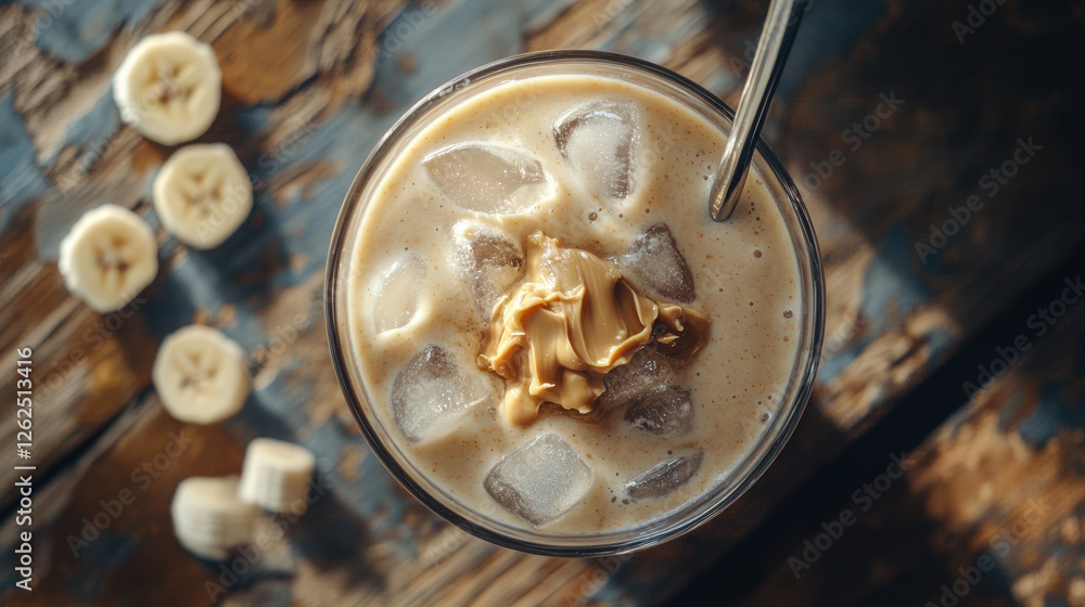 Chilled banana smoothie topped with peanut butter, served in glass. Ice cubes surround creamy blend, with banana slices on rustic wooden table Chilled banana smoothie topped with peanut butter, served in glass. Ice cubes surround creamy blend, with banana slices on rustic wooden table