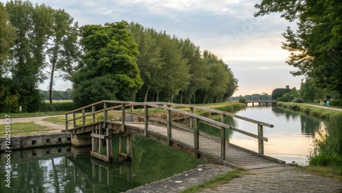 Wooden bridge with a canal underneath, wooden, urban planning, city road, transport