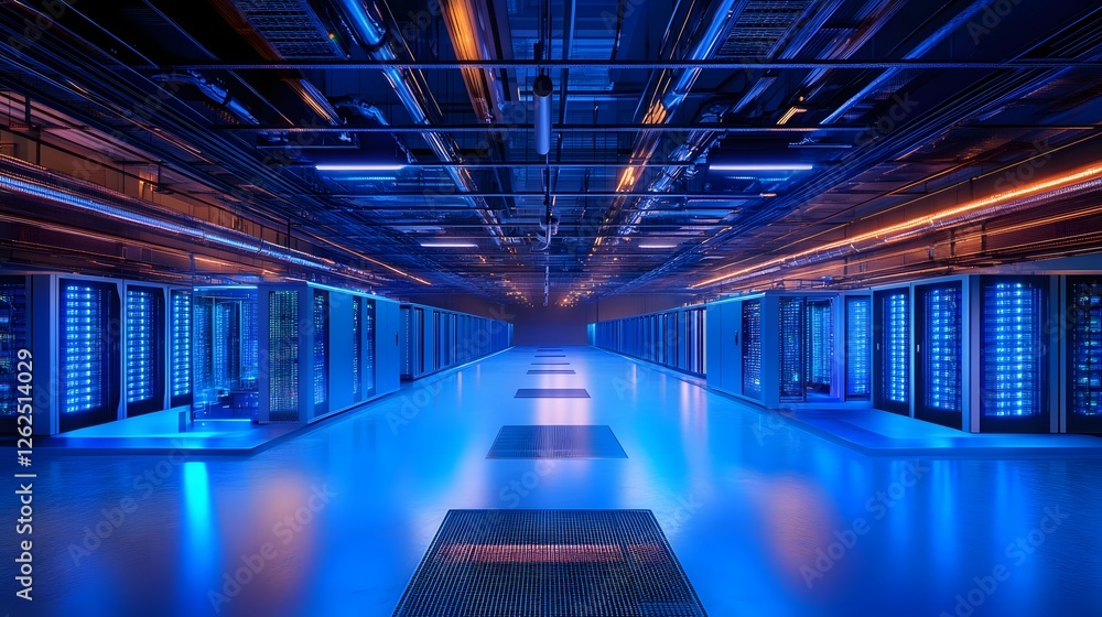Fototapeta premium Advanced data center infrastructure featuring vibrant blue server racks