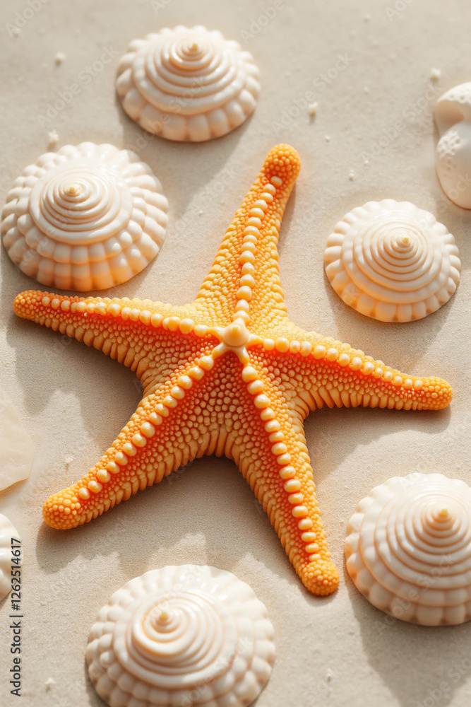 Summer beach with strafish and shells on Fine Sand – Soft Natural Lighting Highlights Its Curves and Texture, Creating a Peaceful, Beach-Inspired Aesthetic Perfect for Travel and Ocean- Summer beach with strafish and shells on Fine Sand – Soft Natural Lighting Highlights Its Curves and Texture, Creating a Peaceful, Beach-Inspired Aesthetic Perfect for Travel and Ocean-