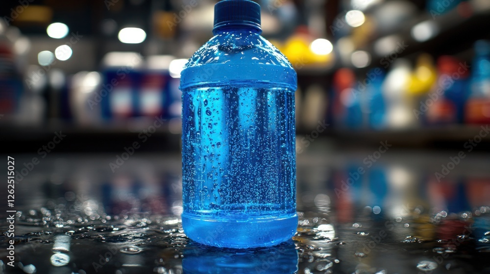 Blue water bottle on wet surface in store Blue water bottle on wet surface in store