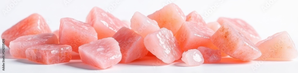 Close-up of pink Himalayan salt crystals, pure white backdrop, rock, texture, pink Close-up of pink Himalayan salt crystals, pure white backdrop, rock, texture, pink