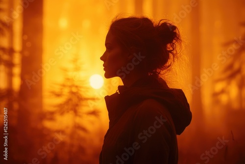 Silhouette of a woman standing in a foggy forest during sunset, bathed in warm orange light.