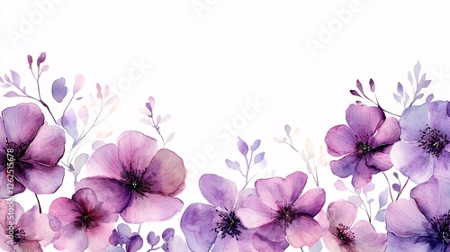 Fototapeta Naklejka Na Ścianę i Meble -  purple watercolor flower border on a white background, perfect for elegant invitations or floral-themed designs.