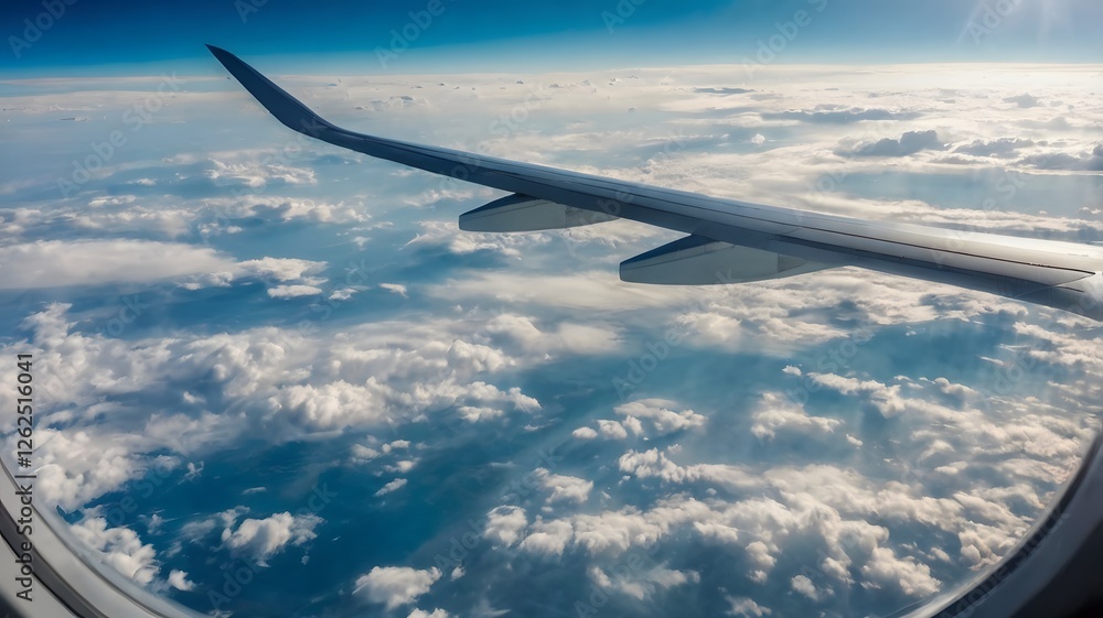 Obraz premium Airplane Wing View Above Clouds and Blue Sky During Flight