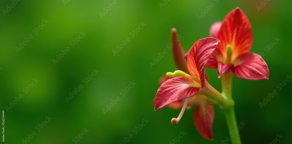 Close-up view of red and green kangaroo paw flower on a green background, macro photography, wildlife Close-up view of red and green kangaroo paw flower on a green background, macro photography, wildlife