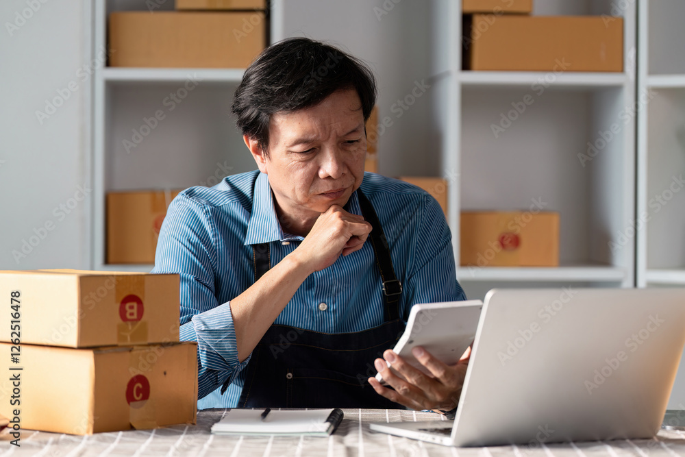 Business owner analyzing online sales data on a tablet in a modern workspace with shipping boxes. Business owner analyzing online sales data on a tablet in a modern workspace with shipping boxes.