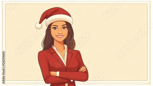 Confident Businesswoman in Santa Hat, Arms Crossed