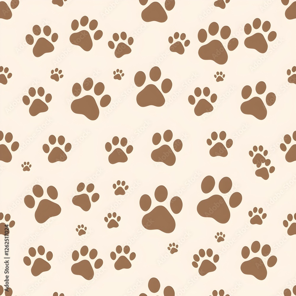 Obraz premium Paw Print Pattern: A delightful seamless pattern featuring adorable brown paw prints of varying sizes, scattered randomly on a light cream background. Ideal for pet-themed projects, fabric prints.