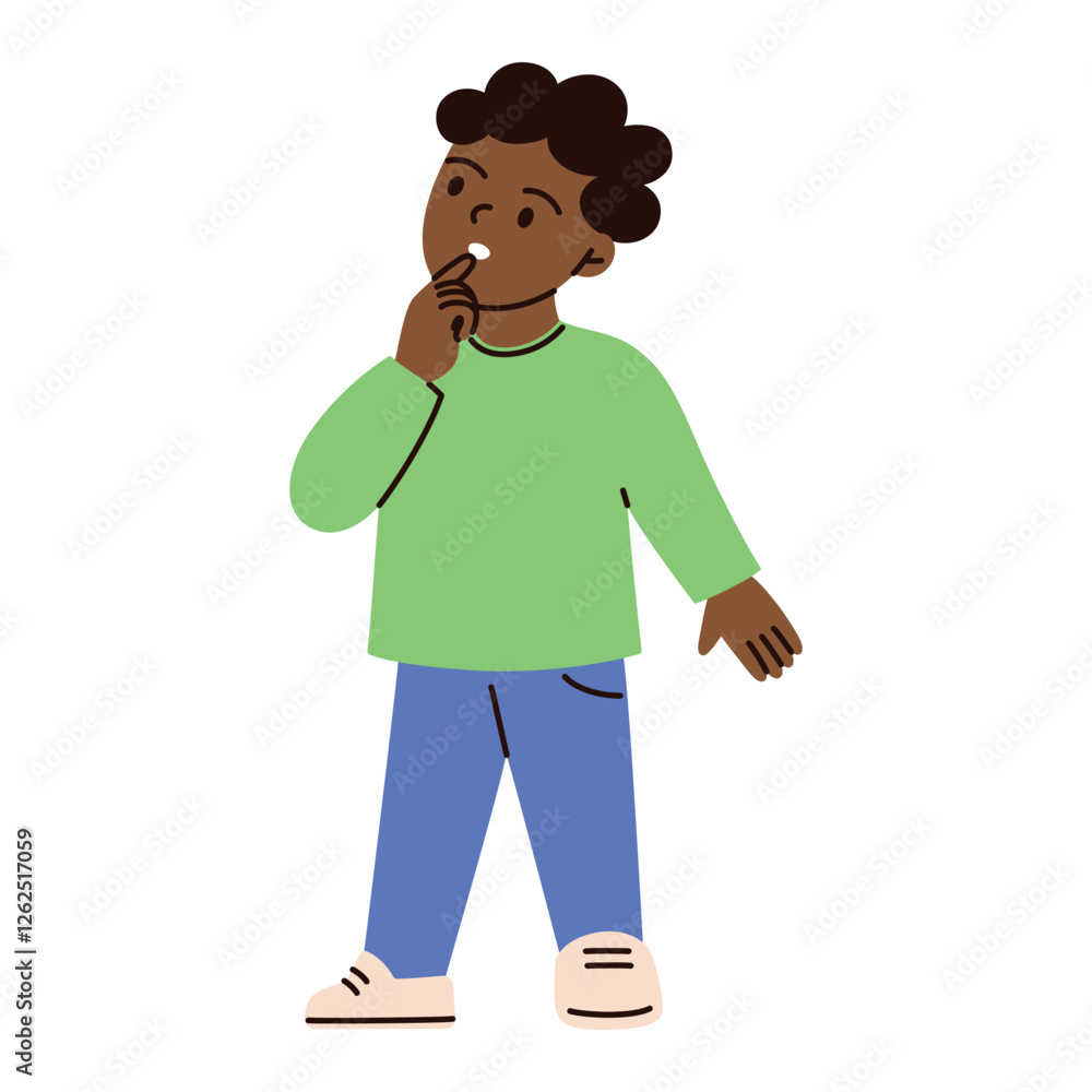 Vector illustration of cartoon boy in casual clothing, standing and thinking with curious expression. Flat and doodle style, child with confusion, hesitation, and decision making emotions Vector illustration of cartoon boy in casual clothing, standing and thinking with curious expression. Flat and doodle style, child with confusion, hesitation, and decision making emotions
