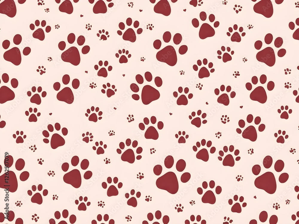 Paw Print Pattern: A charming seamless pattern featuring burgundy paw prints of varying sizes scattered playfully across a blush pink background, perfect for pet-themed designs and textiles. Paw Print Pattern: A charming seamless pattern featuring burgundy paw prints of varying sizes scattered playfully across a blush pink background, perfect for pet-themed designs and textiles.