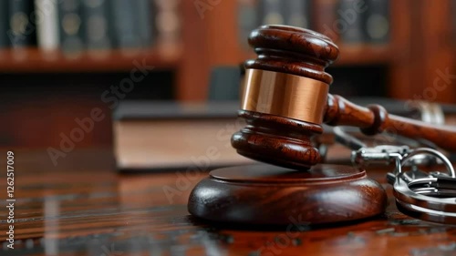 Wooden judge's gavel with handcuffs on courtroom desk as symbol of law and justice in legal system concept, 4k video
