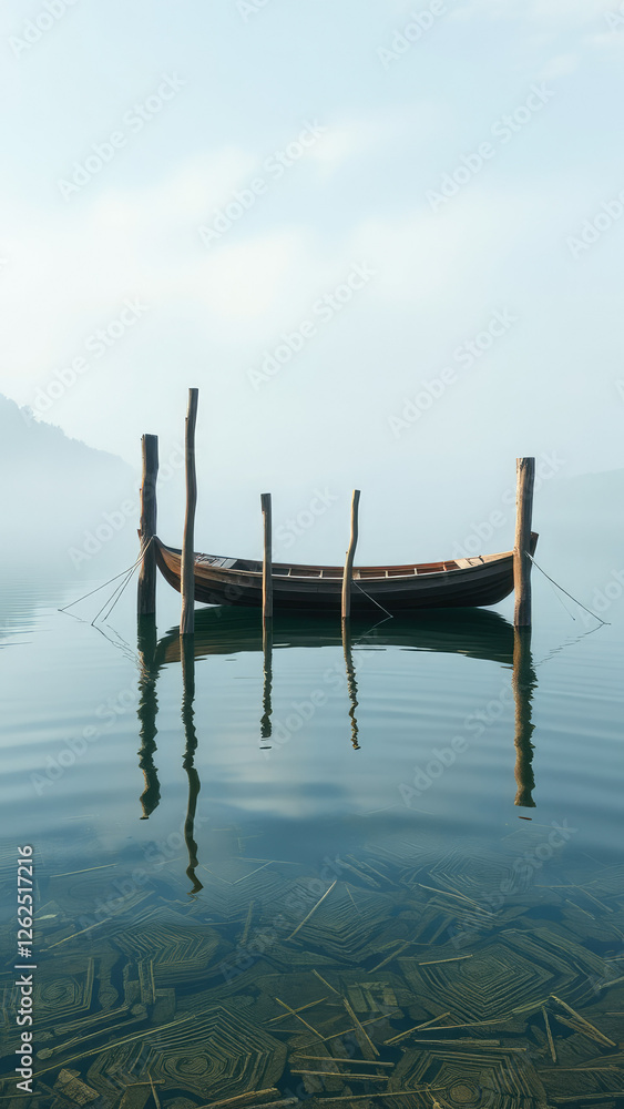 Wooden poles standing in tranquil lake with boat in background, water, wood, peaceful Wooden poles standing in tranquil lake with boat in background, water, wood, peaceful
