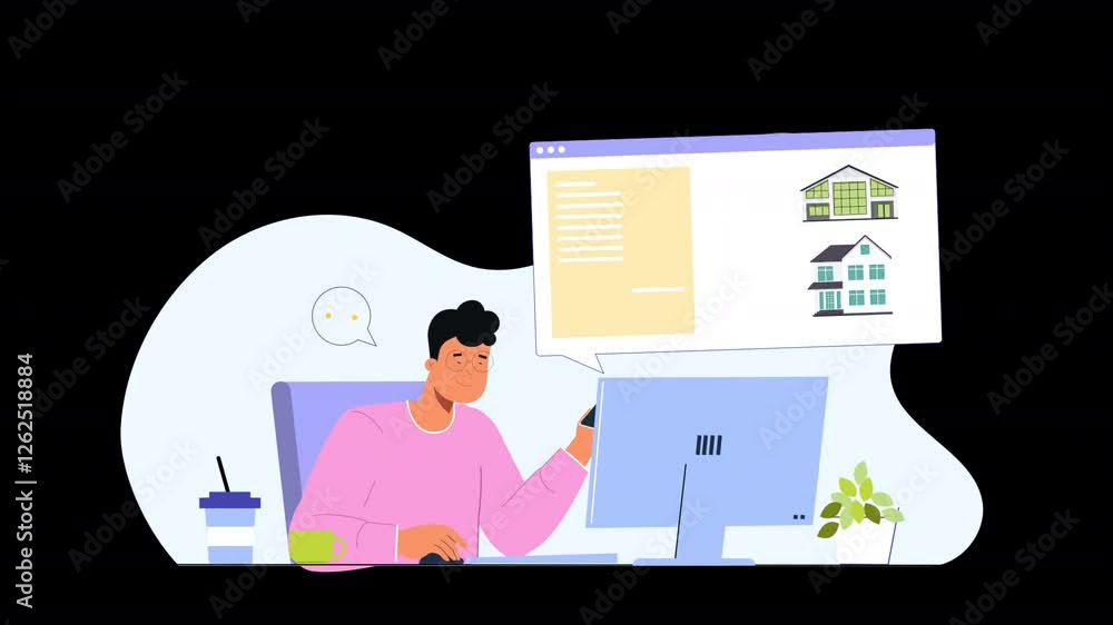 Flat animation showing the steps of renting a home online, from browsing listings to booking a property, demonstrating how modern technology simplifies the home rental experience. Flat animation showing the steps of renting a home online, from browsing listings to booking a property, demonstrating how modern technology simplifies the home rental experience.