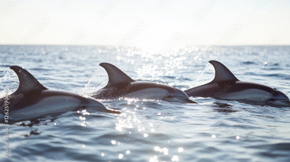 Fototapeta premium Pod of dolphins leaping together in the deep blue ocean during dolphin awareness month