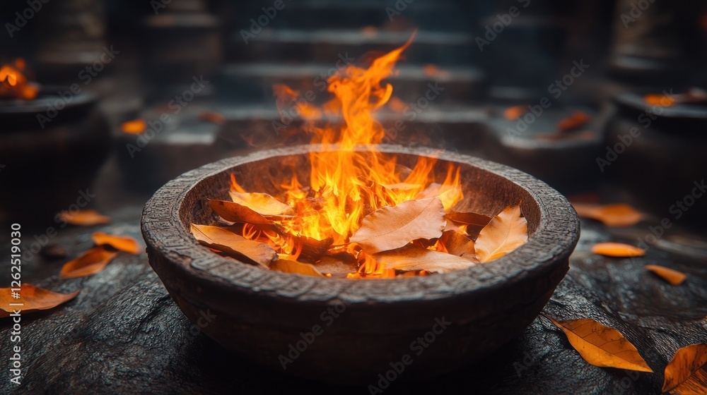 Burning leaves in a stone bowl, temple steps background Burning leaves in a stone bowl, temple steps background