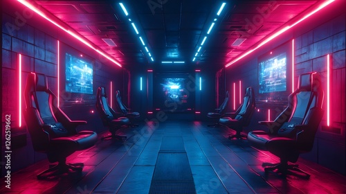 Futuristic cyber gaming zone with neon lights and ergonomic chairs